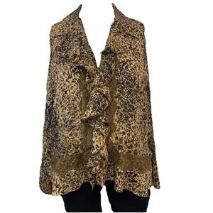 Allison Taylor Animal Print Button Up Blouse Crinkle Ruffles Lace Trim 3X READ